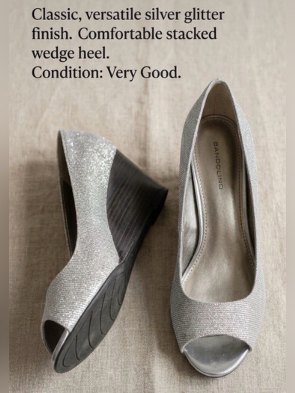 Bandolino Silver Glitter Peep-Toe Wedges